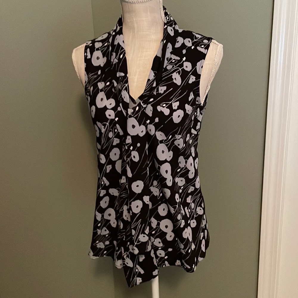 Black w/dusty blue flowers - tie next sleeveless blouse